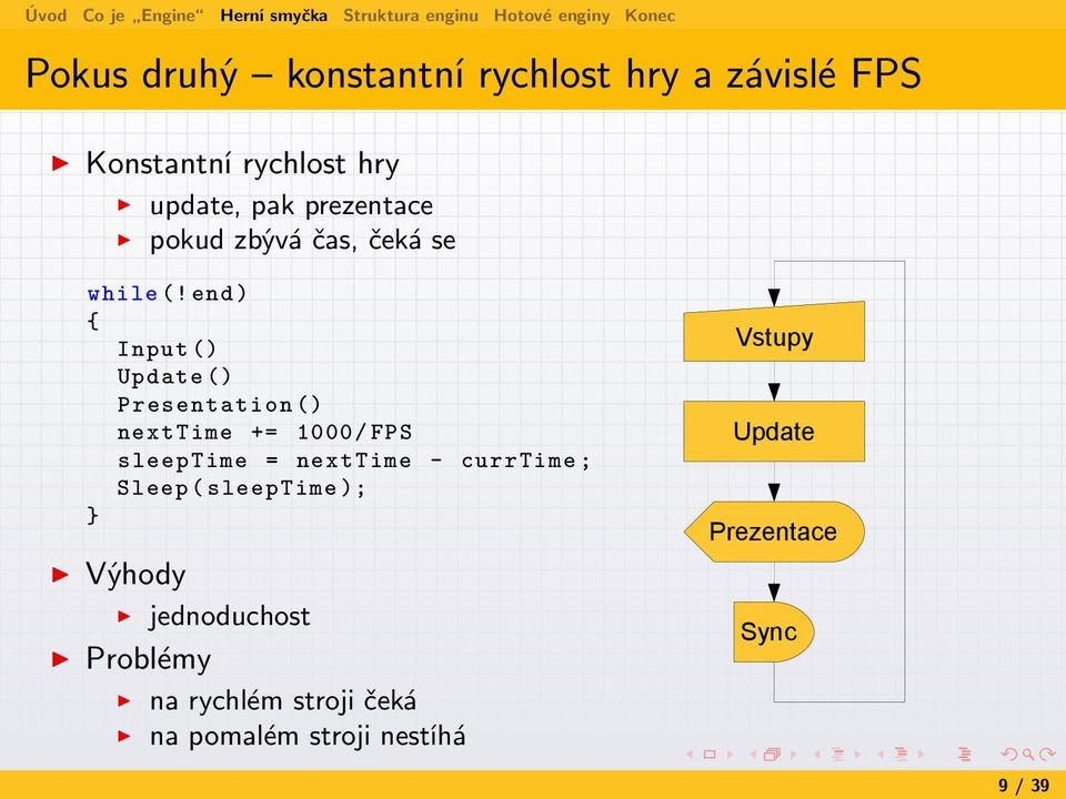 end ) { Input () Update () Presentation () nexttime += 1000/ FPS sleeptime = nexttime -