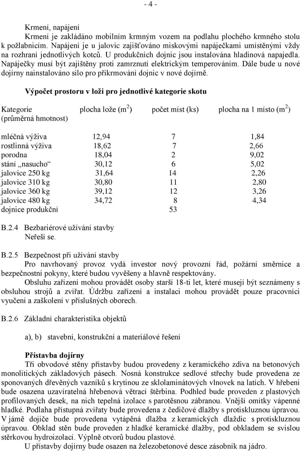 Napáječky musí být zajištěny proti zamrznutí elektrickým temperováním. Dále bude u nové dojírny nainstalováno silo pro přikrmování dojnic v nové dojírně.