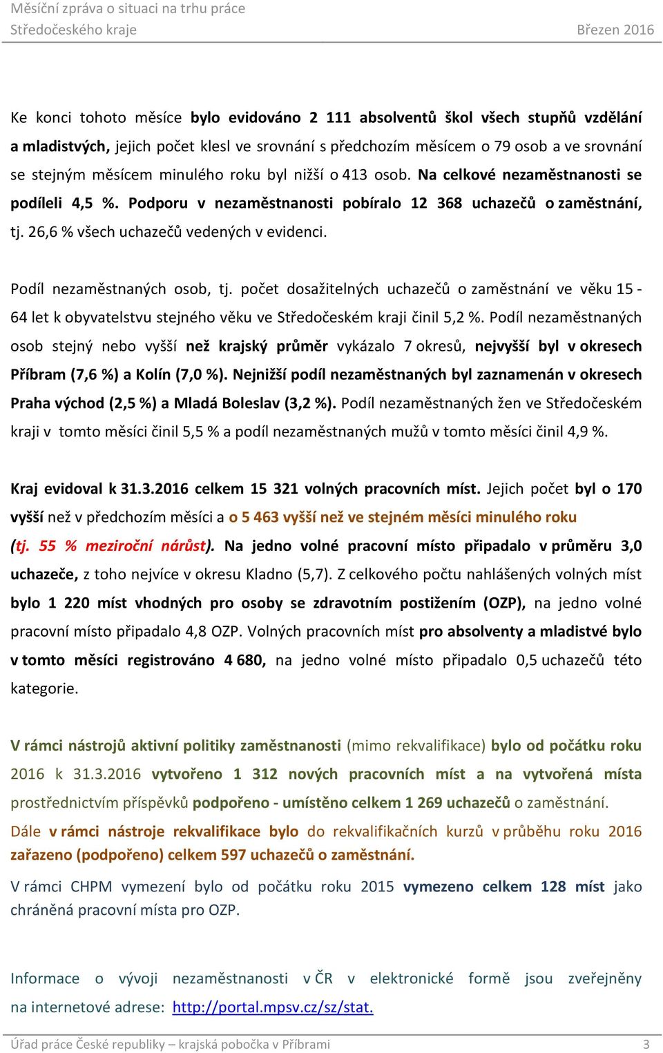 Podíl nezaměstnaných osob, tj. počet dosažitelných uchazečů o zaměstnání ve věku 15-64 let k obyvatelstvu stejného věku ve Středočeském kraji činil 5,2 %.