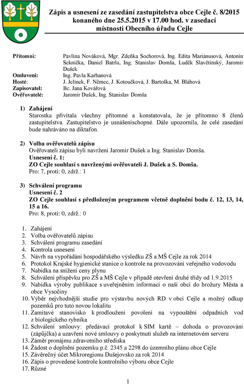 Stanislav Domša, Luděk Slavětínský, Jaromír Dušek Ing. Pavla Karbanová J. Jelínek, F. Němec, J. Kotoučková, J. Bartoška, M. Bláhová Bc. Jana Kovářová Jaromír Dušek, Ing.