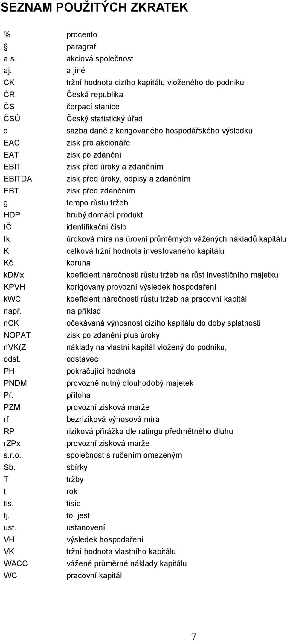 EAT zisk po zdanění EBIT zisk před úroky a zdaněním EBITDA zisk před úroky, odpisy a zdaněním EBT zisk před zdaněním g tempo růstu tržeb HDP hrubý domácí produkt IČ identifikační číslo Ik úroková