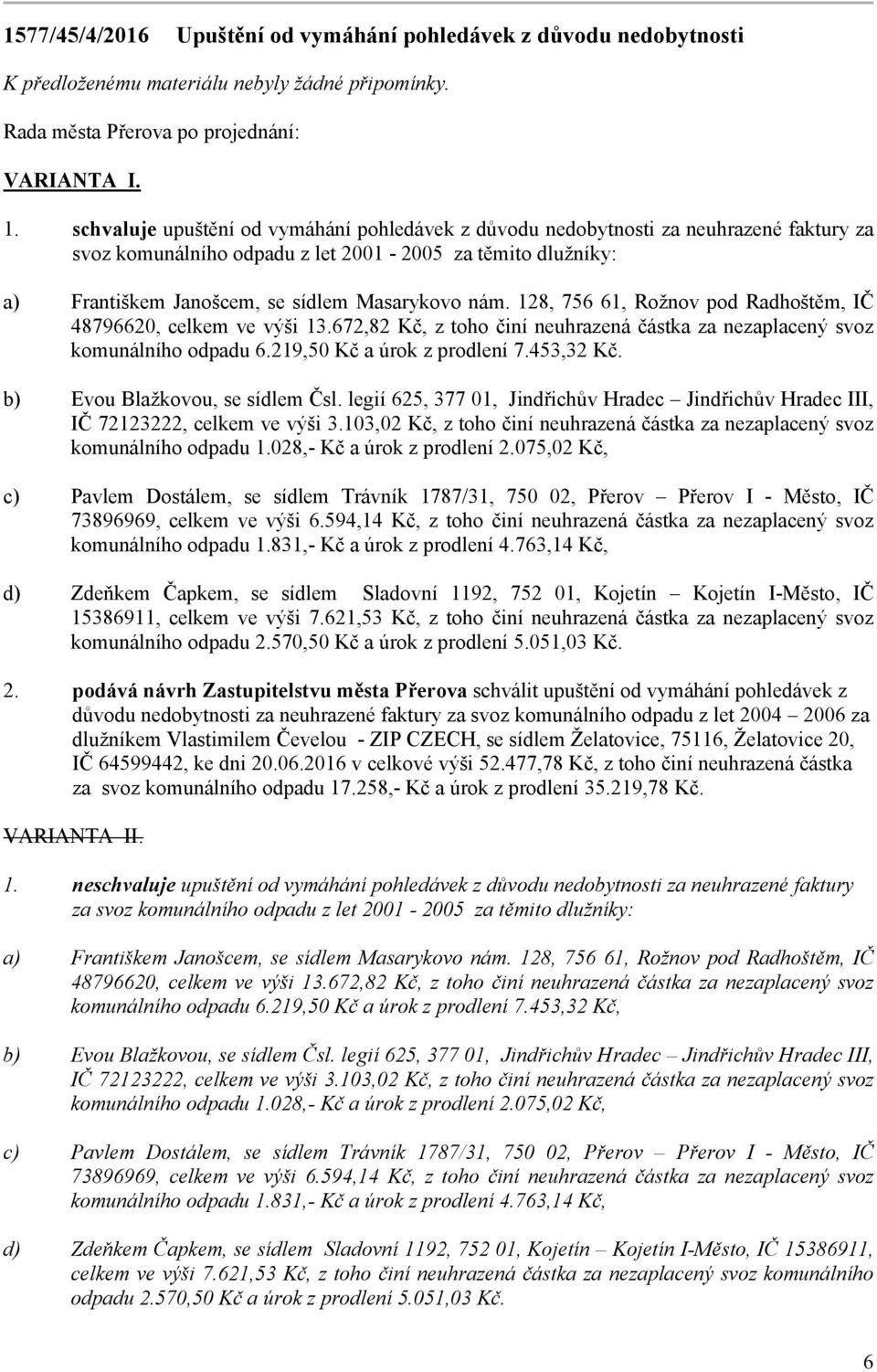 128, 756 61, Rožnov pod Radhoštěm, IČ 48796620, celkem ve výši 13.672,82 Kč, z toho činí neuhrazená částka za nezaplacený svoz komunálního odpadu 6.219,50 Kč a úrok z prodlení 7.453,32 Kč.