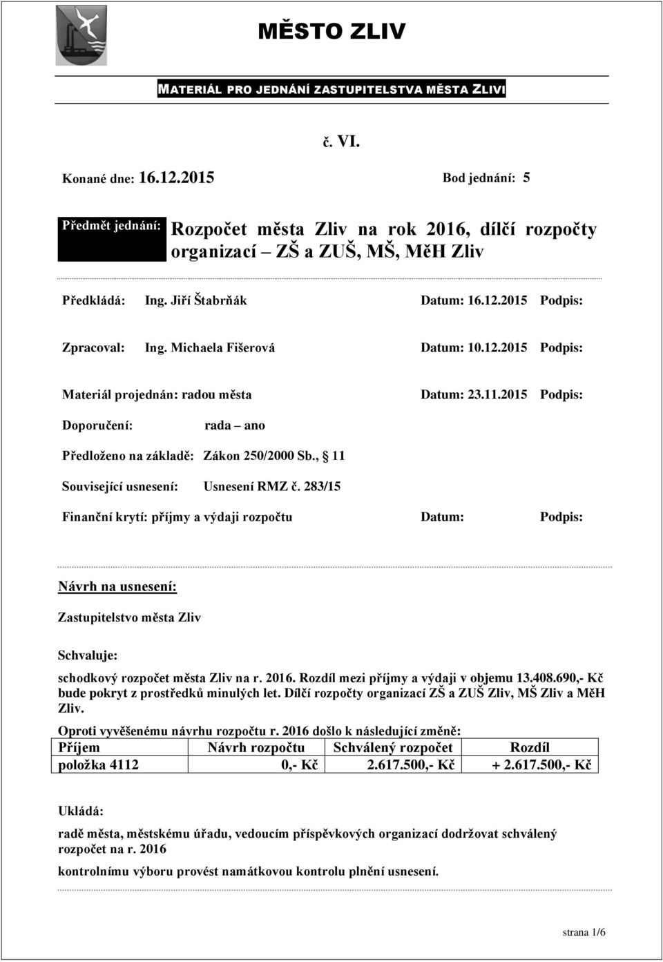 , 11 Související usnesení: Usnesení RMZ č. 283/15 Finanční krytí: příjmy a výdaji rozpočtu Datum: Podpis: Návrh na usnesení: Zastupitelstvo města Zliv Schvaluje: schodkový rozpočet města Zliv na r.