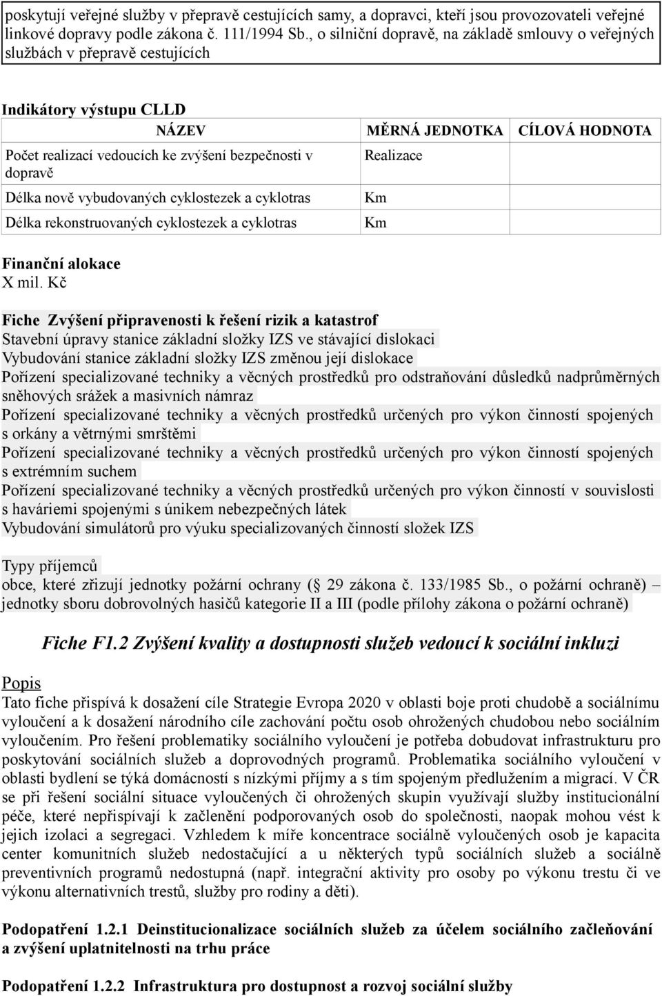 rekonstruovaných cyklostezek a cyklotras Realizace Fiche Zvýšení připravenosti k řešení rizik a katastrof Stavební úpravy stanice základní složky IZS ve stávající dislokaci Vybudování stanice