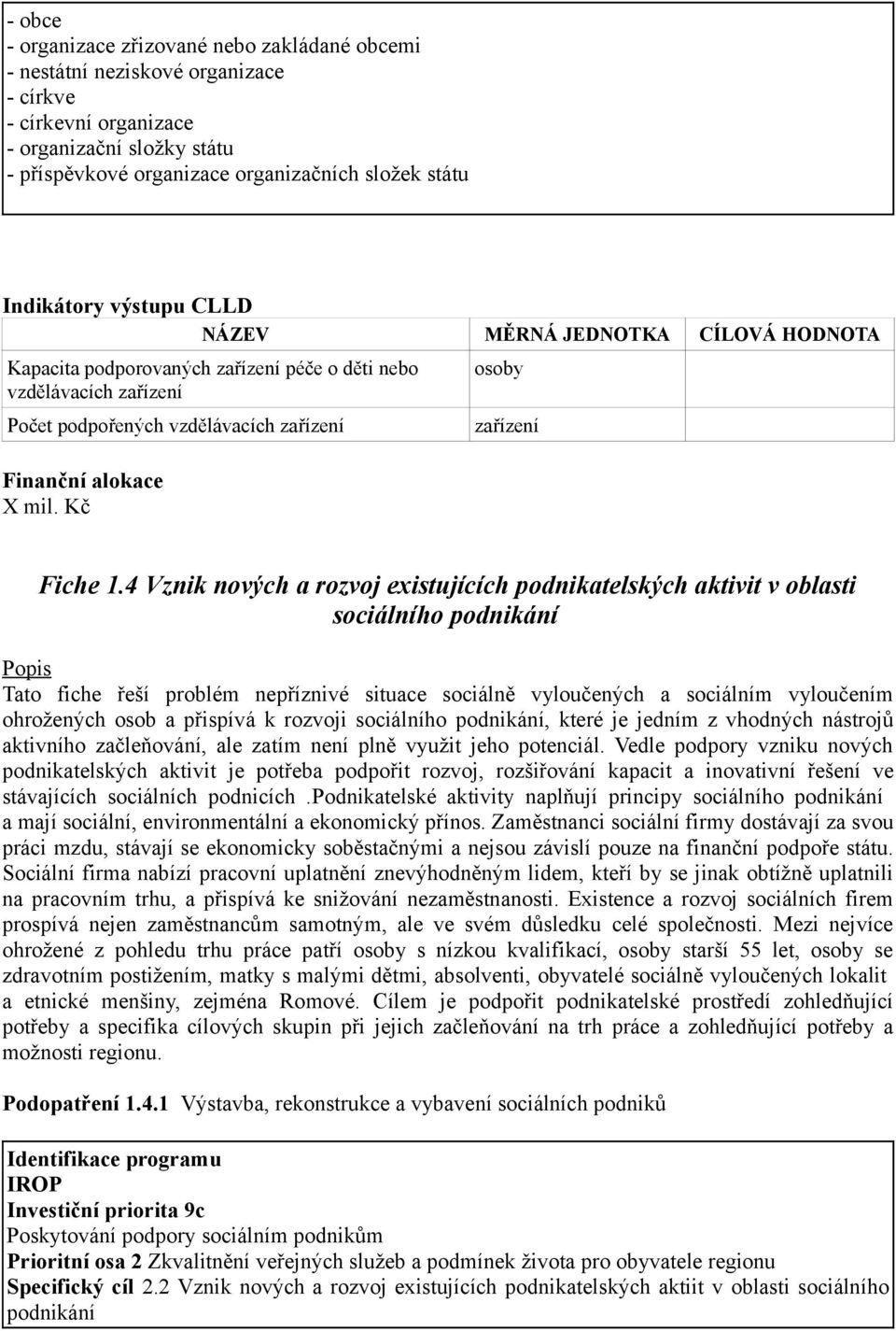 4 Vznik nových a rozvoj existujících podnikatelských aktivit v oblasti sociálního podnikání Tato fiche řeší problém nepříznivé situace sociálně vyloučených a sociálním vyloučením ohrožených osob a