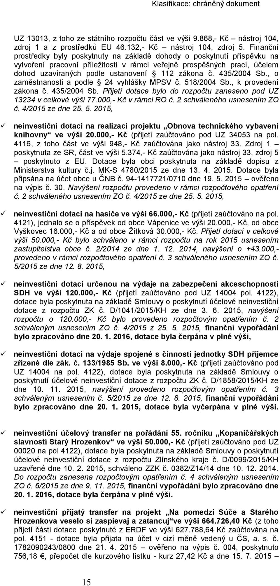 č. 435/2004 Sb., o zaměstnanosti a podle 24 vyhlášky MPSV č. 518/2004 Sb., k provedení zákona č. 435/2004 Sb. Přijetí dotace bylo do rozpočtu zaneseno pod UZ 13234 v celkové výši 77.