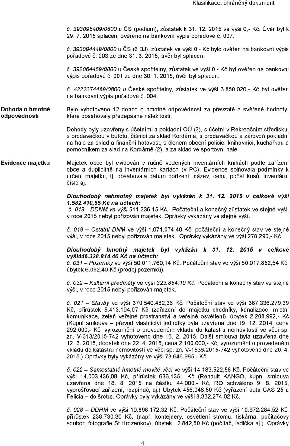 001 ze dne 30. 1. 2015, úvěr byl splacen. č. 4222374489/0800 u České spořitelny, zůstatek ve výši 3.850.020,- Kč byl ověřen na bankovní výpis pořadové č. 004.