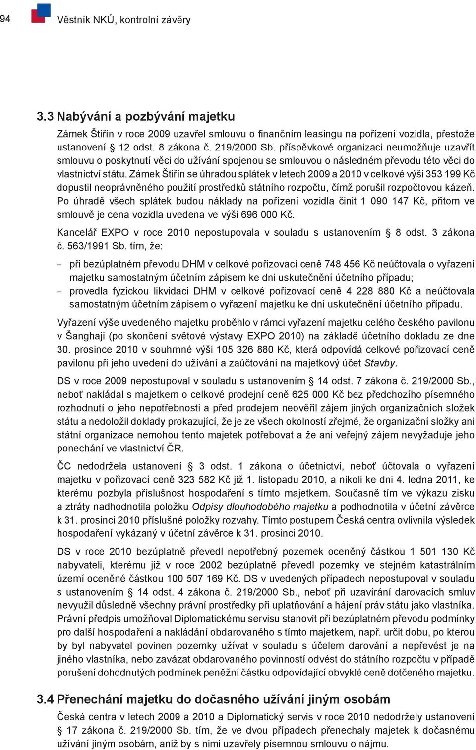 Zámek Štiřín se úhradou splátek v letech 2009 a 2010 v celkové výši 353 199 Kč dopustil neoprávněného použití prostředků státního rozpočtu, čímž porušil rozpočtovou kázeň.