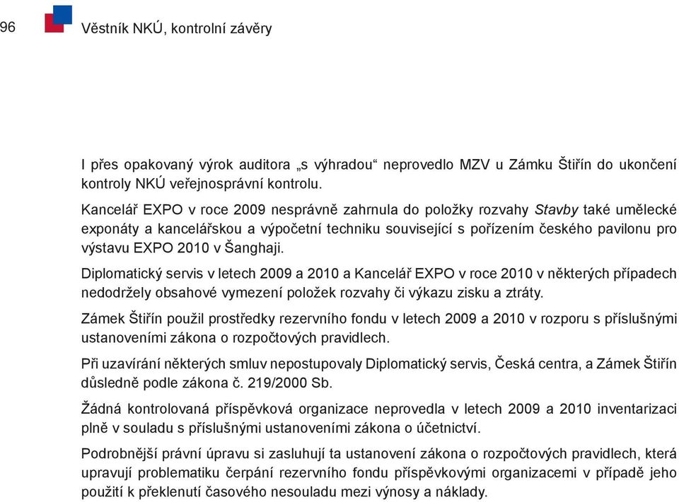 Šanghaji. Diplomatický servis v letech 2009 a 2010 a Kancelář EXPO v roce 2010 v některých případech nedodržely obsahové vymezení položek rozvahy či výkazu zisku a ztráty.