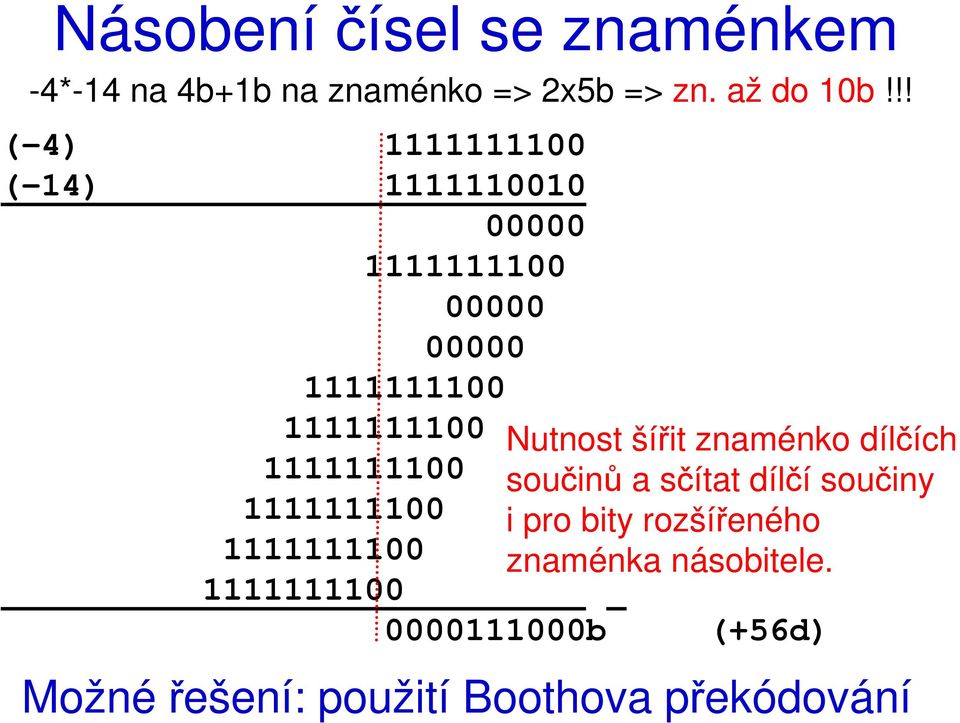 1111111100 1111111100 1111111100 1111111100 0 0000111000b Nutnost šířit znaménko dílčích