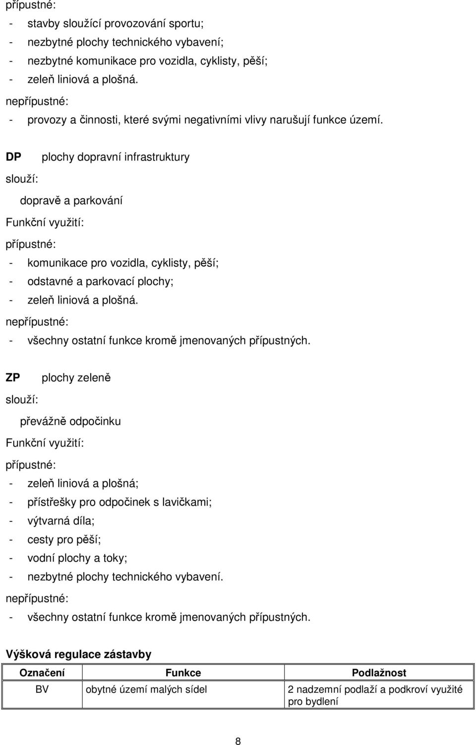 DP plochy dopravní infrastruktury slouží: dopravě a parkování Funkční využití: přípustné: - komunikace pro vozidla, cyklisty, pěší; - odstavné a parkovací plochy; - zeleň liniová a plošná.