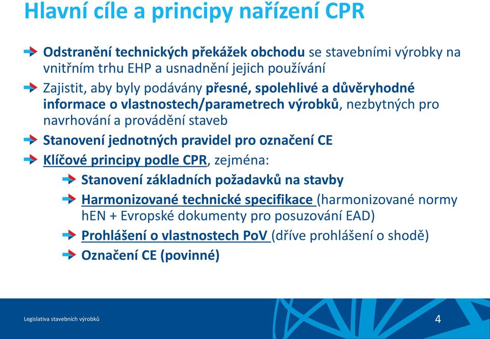 jednotných pravidel pro označení CE Klíčové principy podle CPR, zejména: Stanovení základních požadavků na stavby Harmonizované technické specifikace