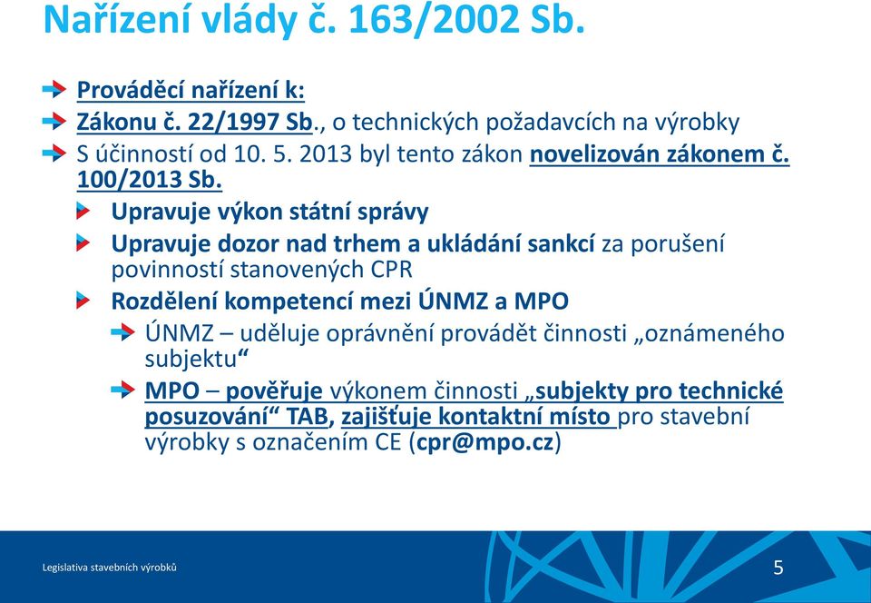 Upravuje výkon státní správy Upravuje dozor nad trhem a ukládání sankcí za porušení povinností stanovených CPR Rozdělení kompetencí mezi ÚNMZ a