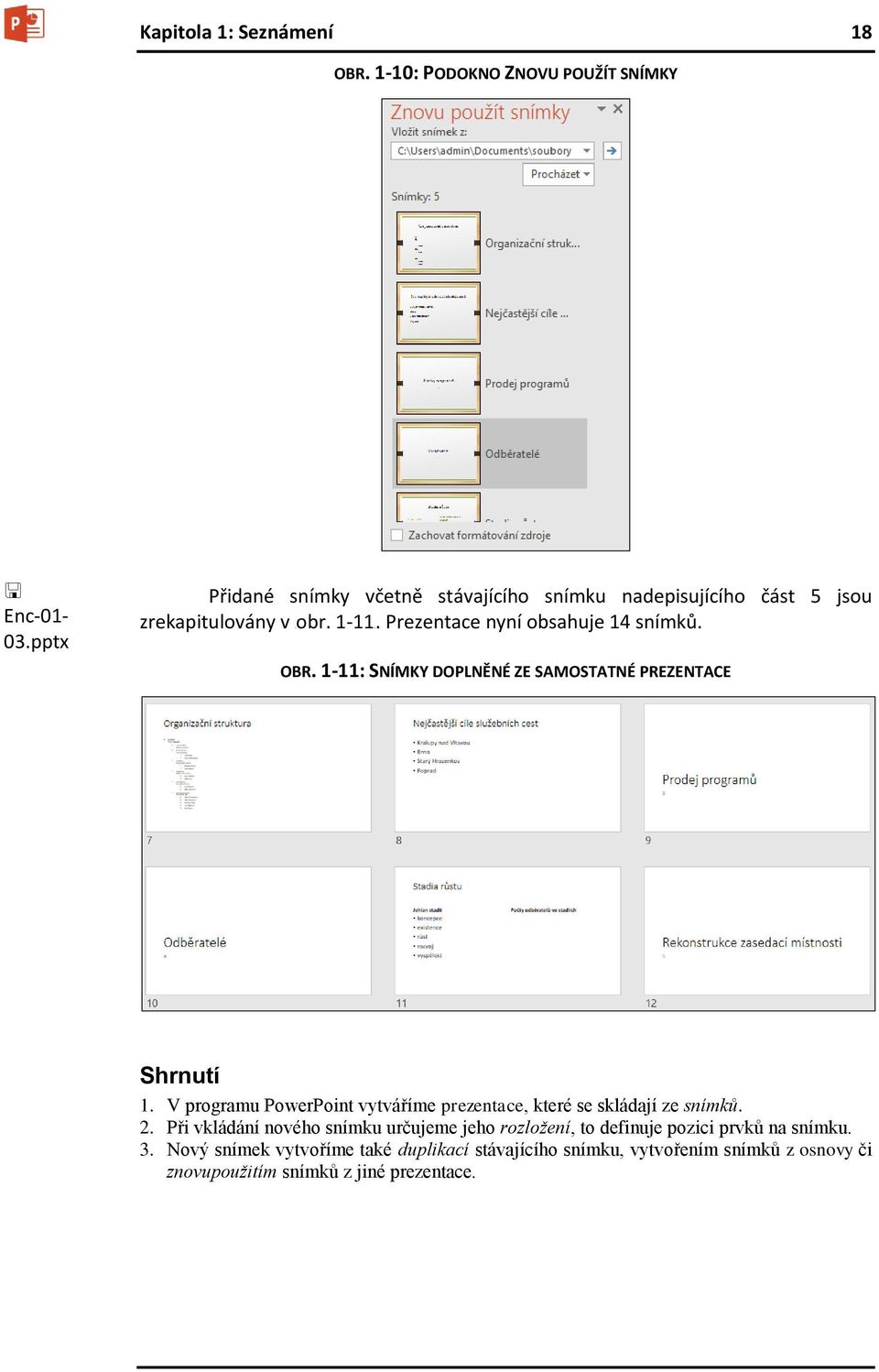 OBR. 1-11: SNÍMKY DOPLNĚNÉ ZE SAMOSTATNÉ PREZENTACE Shrnutí 1. V programu PowerPoint vytváříme prezentace, které se skládají ze snímků. 2.