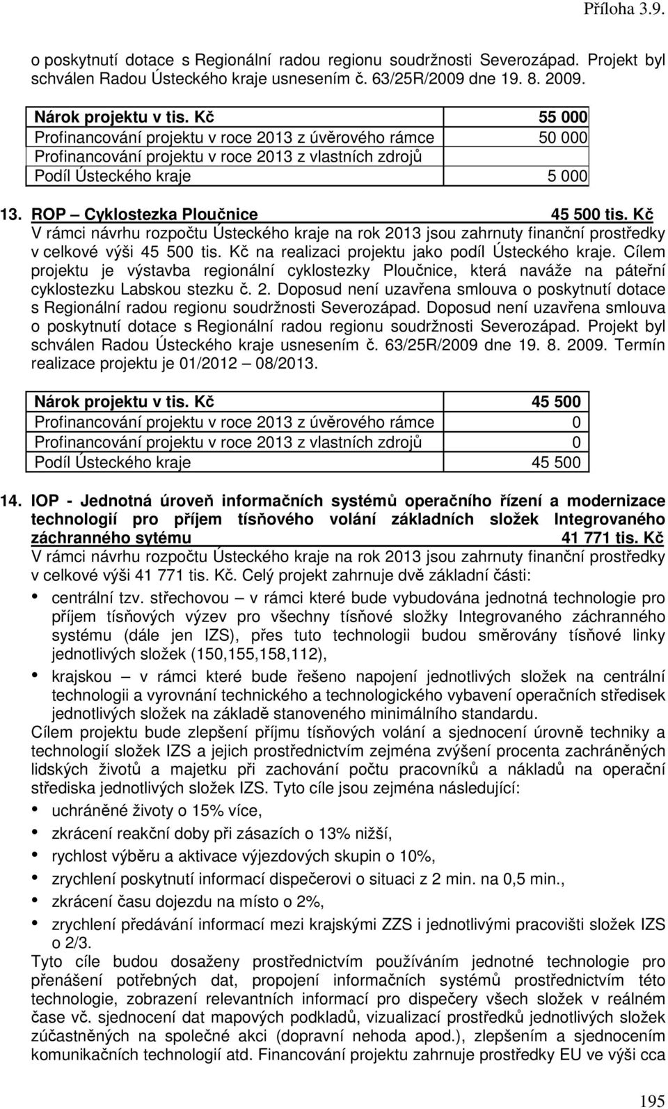 ROP Cyklostezka Ploučnice 45 500 tis. Kč v celkové výši 45 500 tis. Kč na realizaci projektu jako podíl Ústeckého kraje.