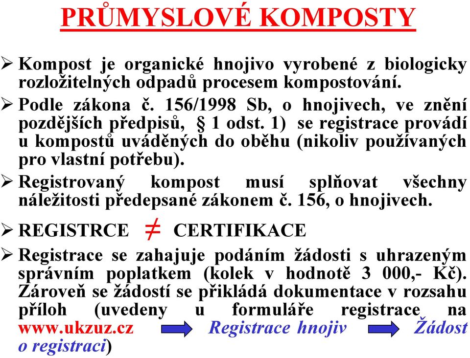 Registrovaný kompost musí splňovat všechny náležitosti předepsané zákonem č. 156, o hnojivech.
