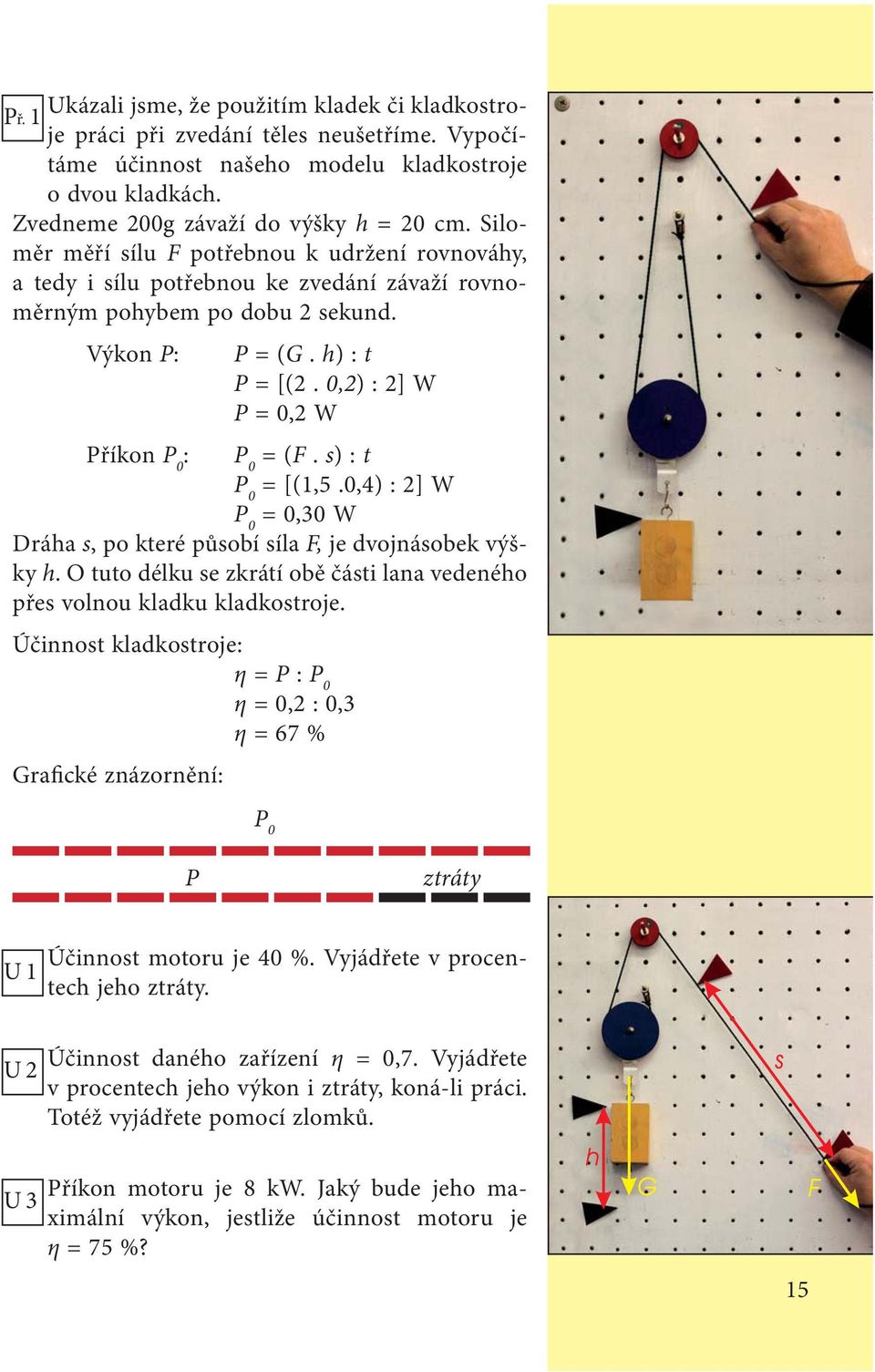 0,2) : 2] W P = 0,2 W Příkon P 0 : P 0 = (F. s) : t P 0 = [(1,5.0,4) : 2] W P 0 = 0,30 W Dráha s, po které působí síla F, je dvojnásobek výšky h.