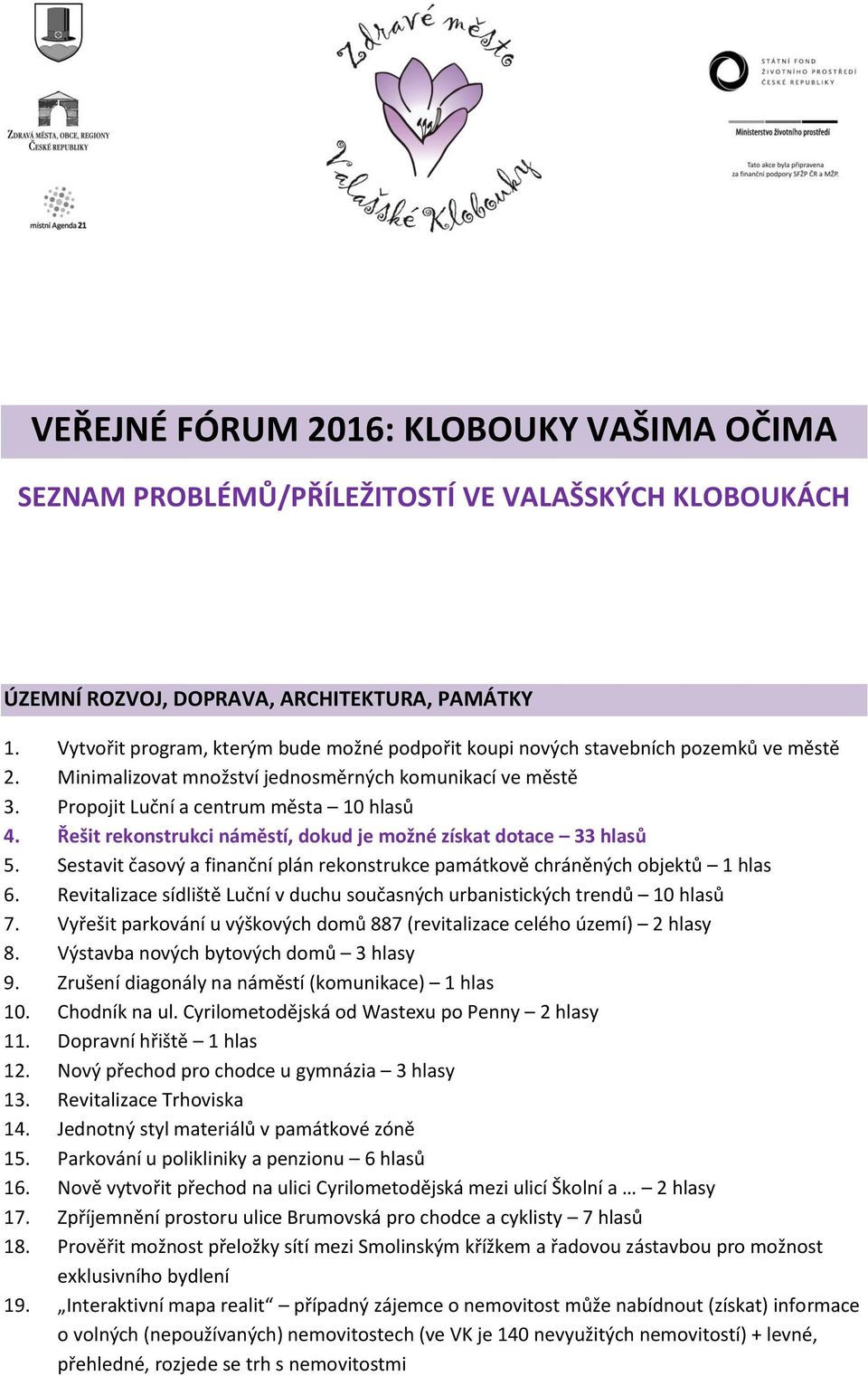 Řešit rekonstrukci náměstí, dokud je možné získat dotace 33 hlasů 5. Sestavit časový a finanční plán rekonstrukce památkově chráněných objektů 1 hlas 6.