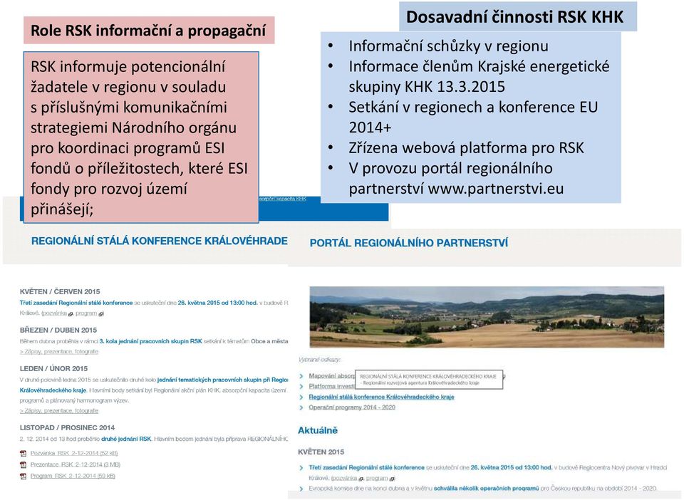 přinášejí; Dosavadní činnosti RSK KHK Informační schůzky v regionu Informace členům Krajské energetické skupiny KHK 13.