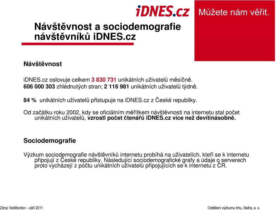 Od začátku roku 2002, kdy se oficiálním měřítkem návštěvnosti na internetu stal počet unikátních uživatelů, vzrostl počet čtenářů idnes.cz více než devítinásobně.