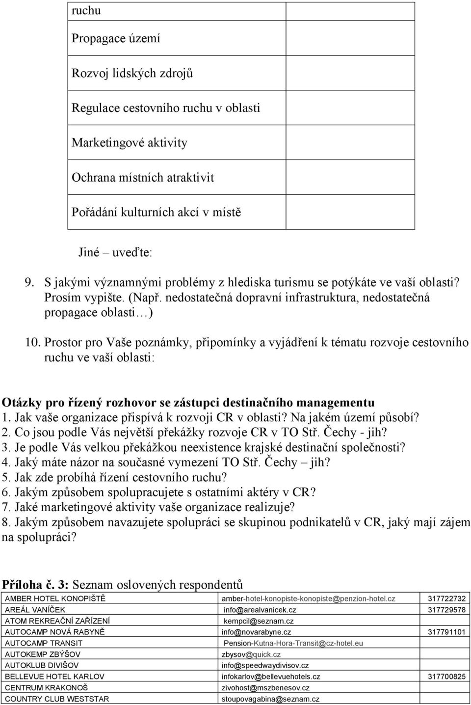 Prostor pro Vaše poznámky, připomínky a vyjádření k tématu rozvoje cestovního ruchu ve vaší oblasti: Otázky pro řízený rozhovor se zástupci destinačního managementu 1.