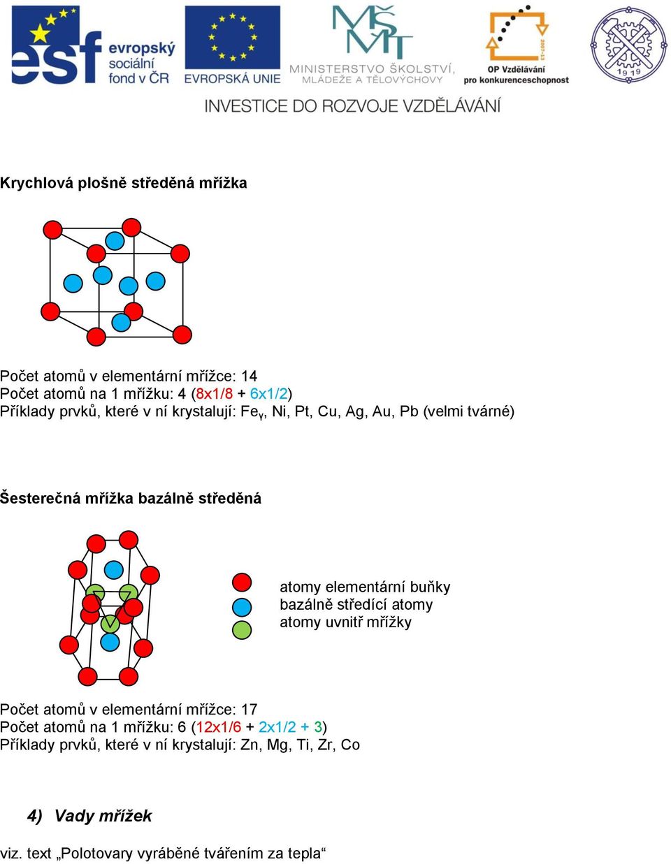 elementární buňky bazálně středící atomy atomy uvnitř mřížky Počet atomů v elementární mřížce: 17 Počet atomů na 1 mřížku: 6