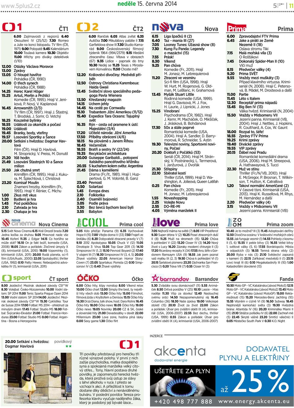 25 Herec KarelHöger 15.25 Artuš, MerlinaPrchlíci Komedie (ČR, 1995). Hrají V. Jeníková, P. Nový, V. Kaplanová 16.45 Arrowsmith(2/3) TV film (ČR, 1997). Hrají J. Šťastný, T. Brodská, J. Somr, O.