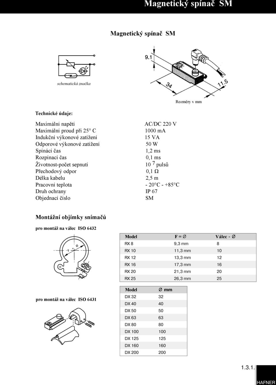 - +85 C Druh ochrany IP 67 Objednací číslo SM Montážní objímky snímačů pro montáž na válec ISO 6432 pro montáž na válec ISO 6431 Model F = Válec - RX 8 9,3 mm 8 RX 10 11,3