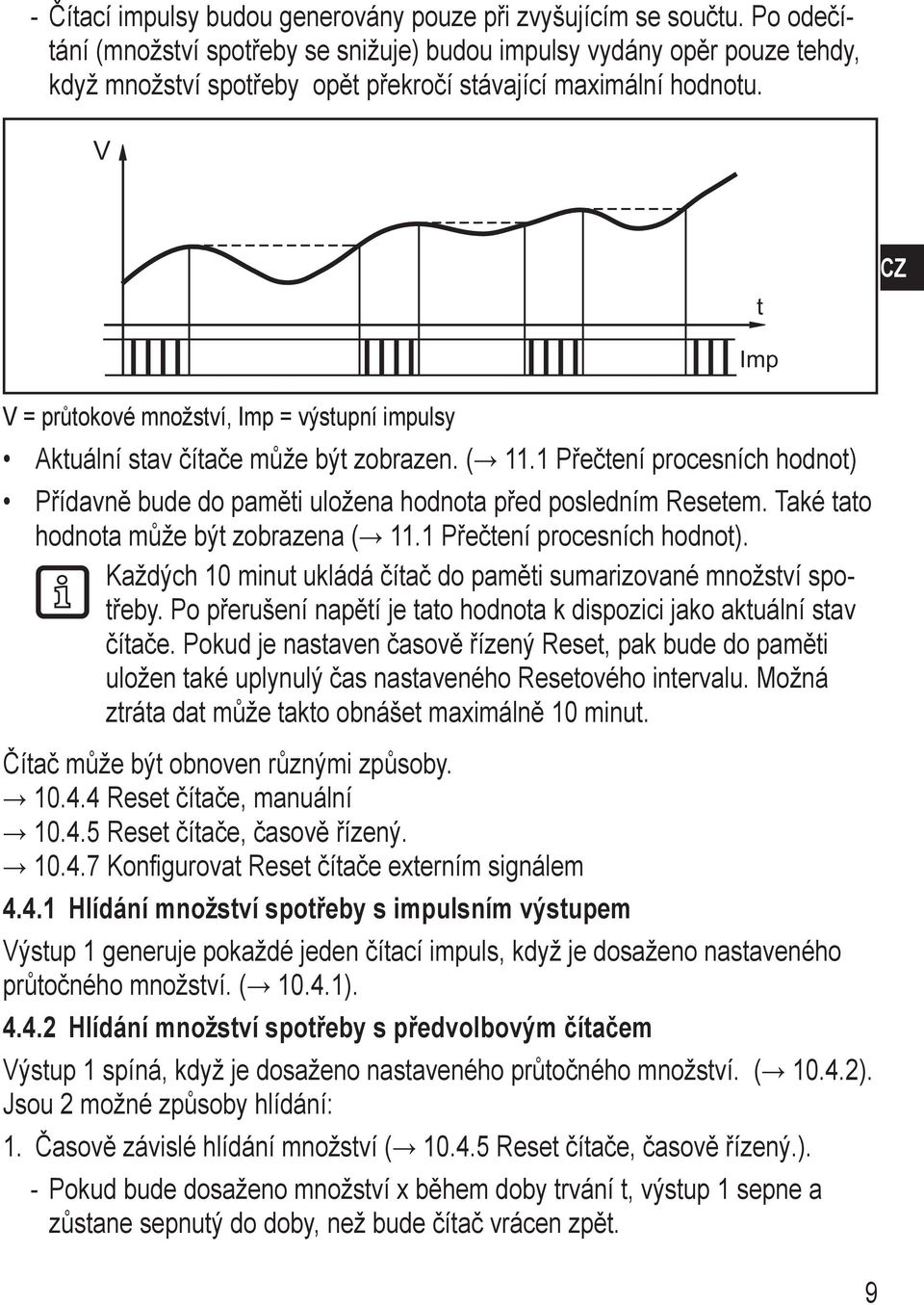 V t CZ V = průtokové množství, Imp = výstupní impulsy Aktuální stav čítače může být zobrazen. ( 11.1 Přečtení procesních hodnot) Přídavně bude do paměti uložena hodnota před posledním Resetem.