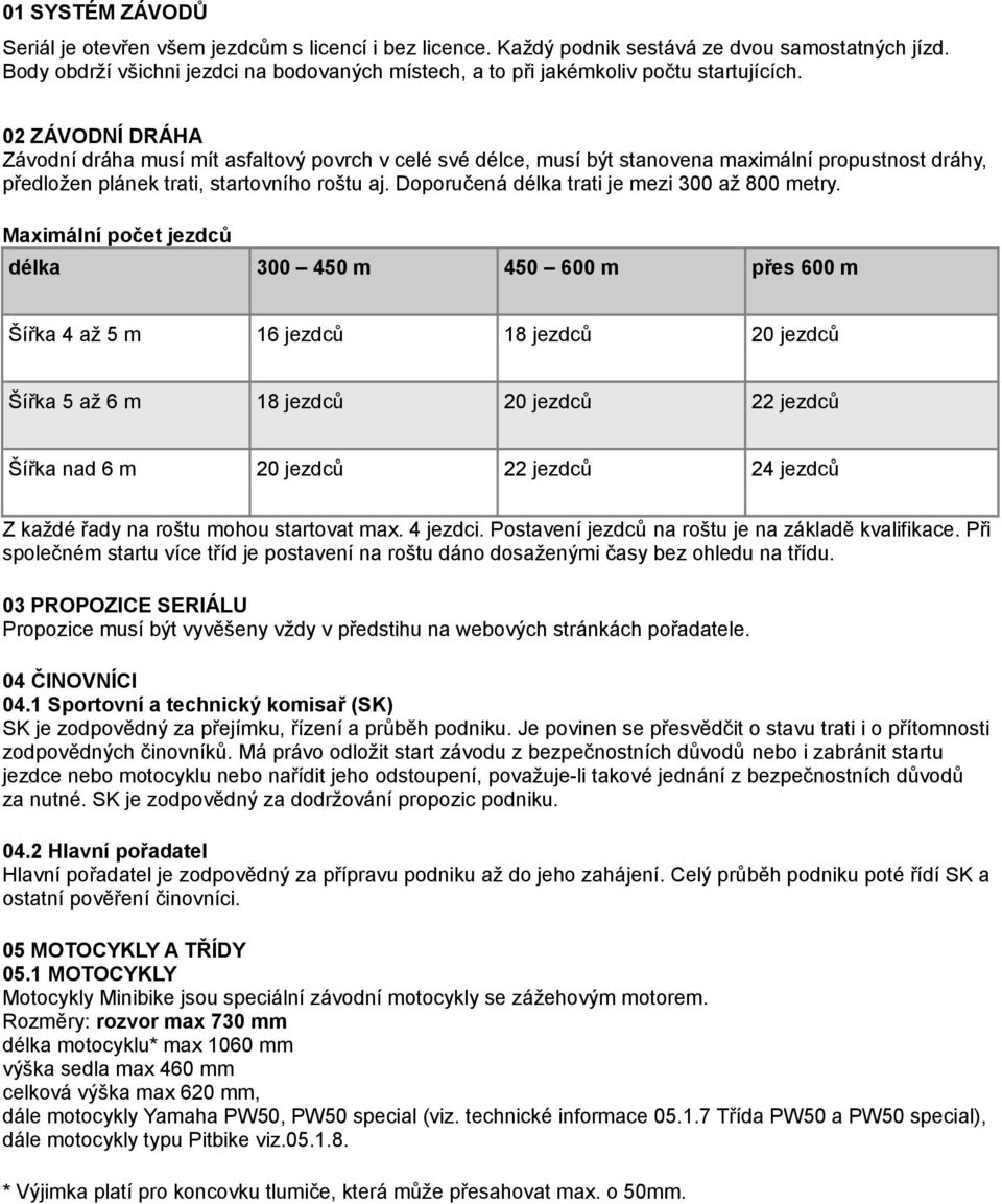 02 ZÁVODNÍ DRÁHA Závodní dráha musí mít asfaltový povrch v celé své délce, musí být stanovena maximální propustnost dráhy, předložen plánek trati, startovního roštu aj.