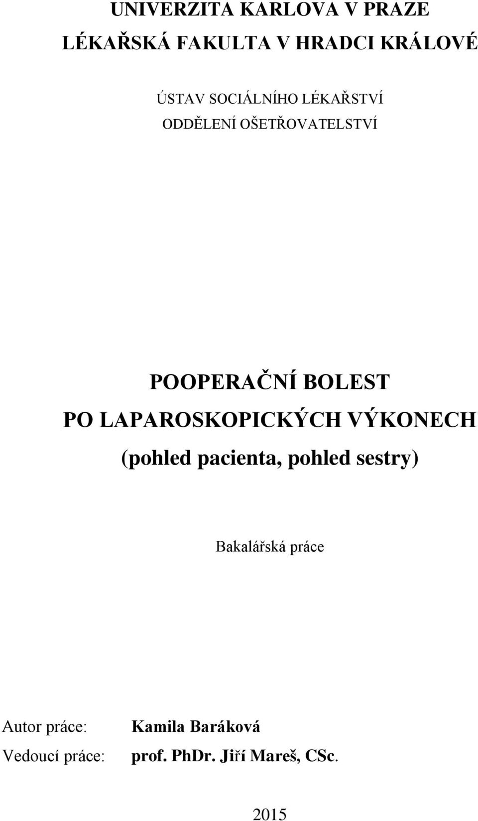 LAPAROSKOPICKÝCH VÝKONECH (pohled pacienta, pohled sestry) Bakalářská