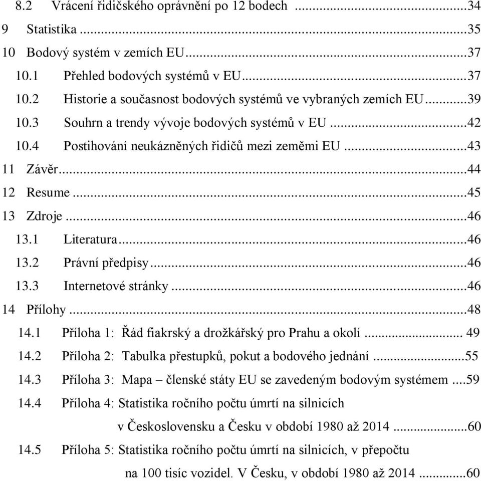 .. 46 13.3 Internetové stránky... 46 14 Přílohy... 48 14.1 Příloha 1: Řád fiakrský a drožkářský pro Prahu a okolí... 49 14.2 Příloha 2: Tabulka přestupků, pokut a bodového jednání...55 14.