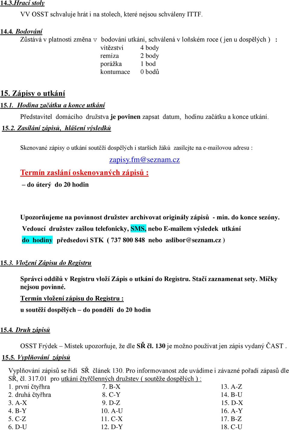 Zasílání zápisů, hlášení výsledků Skenované zápisy o utkání soutěží dospělých i starších žáků zasílejte na e-mailovou adresu : zapisy.fm@seznam.