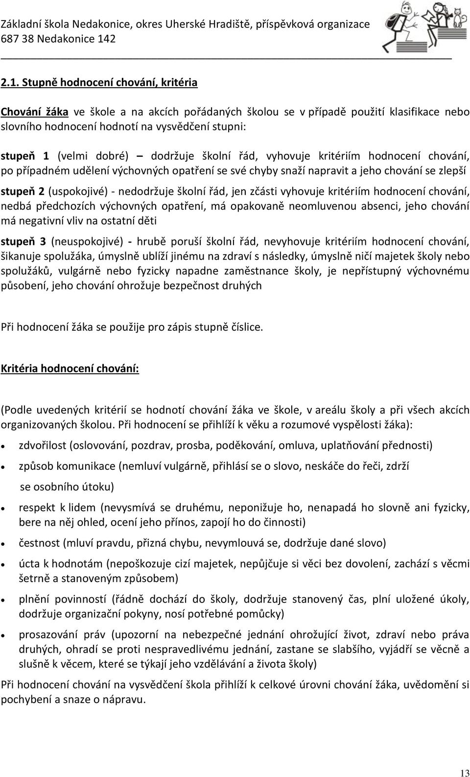 školní řád, jen zčásti vyhovuje kritériím hodnocení chování, nedbá předchozích výchovných opatření, má opakovaně neomluvenou absenci, jeho chování má negativní vliv na ostatní děti stupeň 3