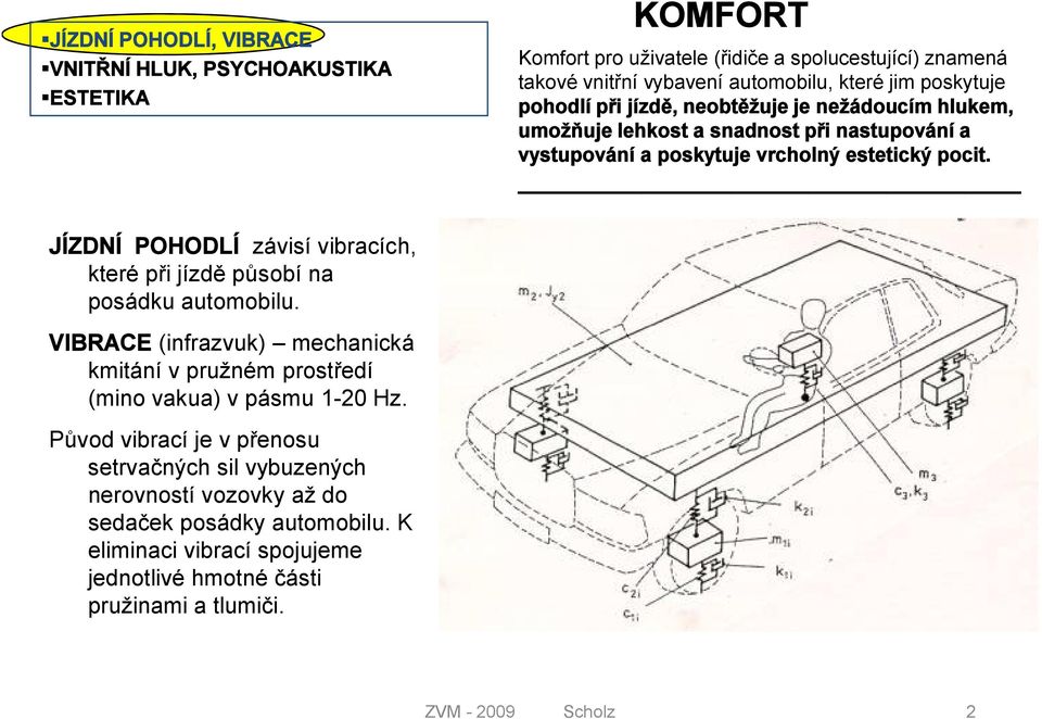 JÍZDNÍ POHODLÍ závisí vibracích, které při jízdě působí na posádku automobilu. VIBRACE (infrazvuk) mechanická kmitání v pružném prostředí (mino vakua) v pásmu 1-20 Hz.