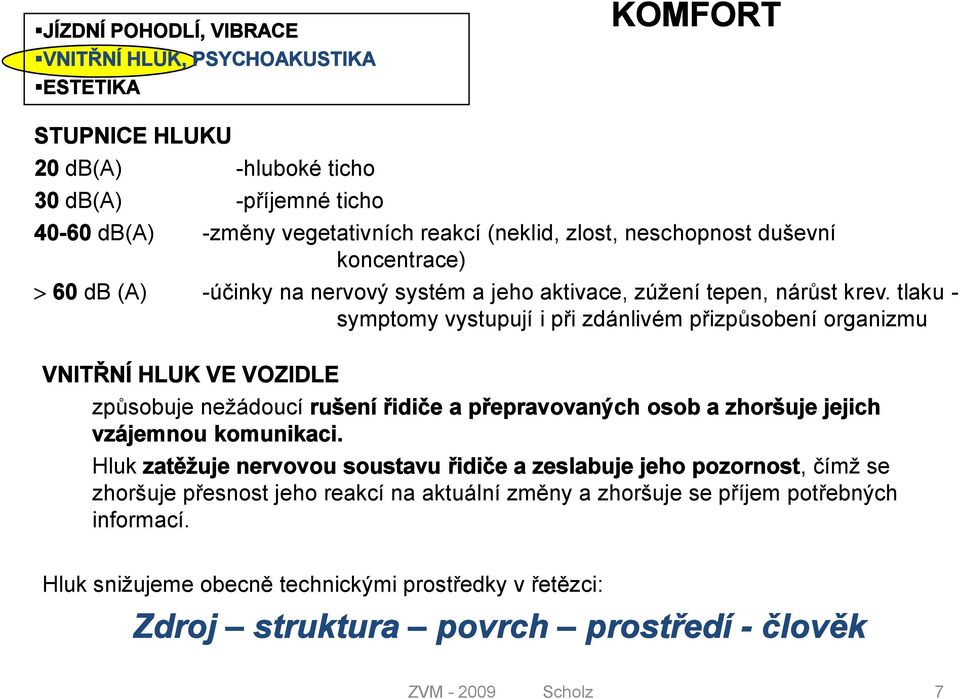 tlaku - symptomy vystupují i při zdánlivém přizpůsobení organizmu VNITŘNÍ HLUK VE VOZIDLE způsobuje nežádoucí rušení řidiče a přepravovaných osob a zhoršuje jejich vzájemnou komunikaci.