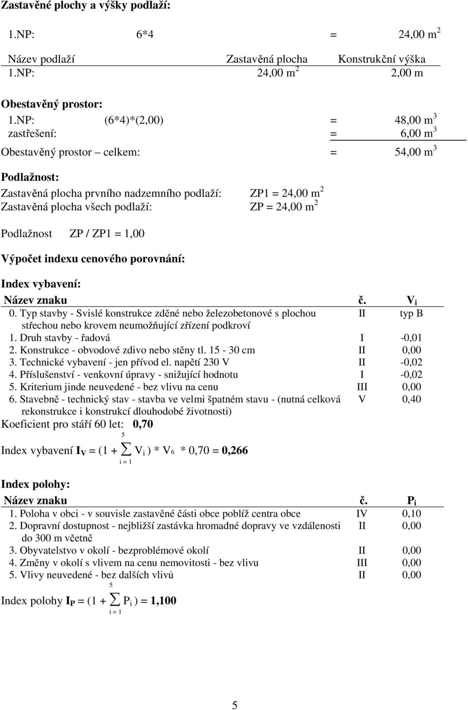 = 24,00 m 2 Podlažnost ZP / ZP1 = 1,00 Výpočet indexu cenového porovnání: Index vybavení: Název znaku č. V i 0.