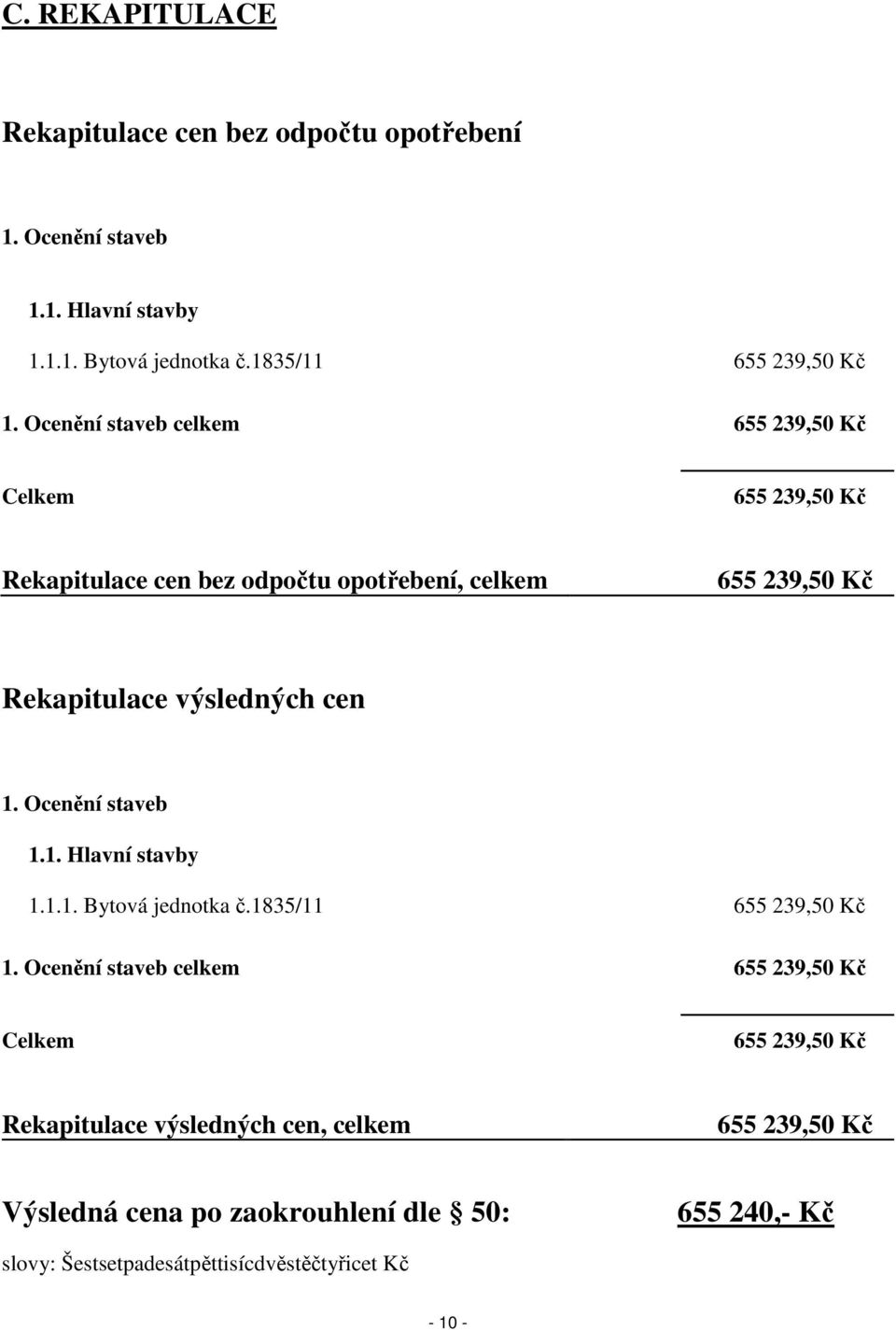 1. Ocenění staveb 1.1. Hlavní stavby 1.1.1. Bytová jednotka č.1835/11 655 239,50 Kč 1.