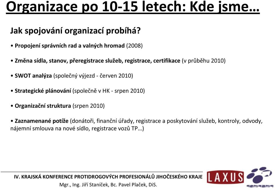 průběhu 2010) SWOT analýza (společný výjezd - červen 2010) Strategické plánování (společně v HK -srpen 2010) Organizační