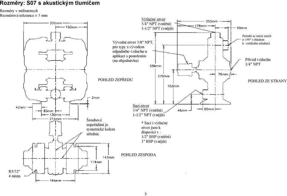 vertikální střednici Přívod vzduchu 1/4" NPT POHLED ZEPŘEDU POHLED ZE STRANY Šroubové uspořádání je symetrické kolem střednic Sací otvor 3/4"