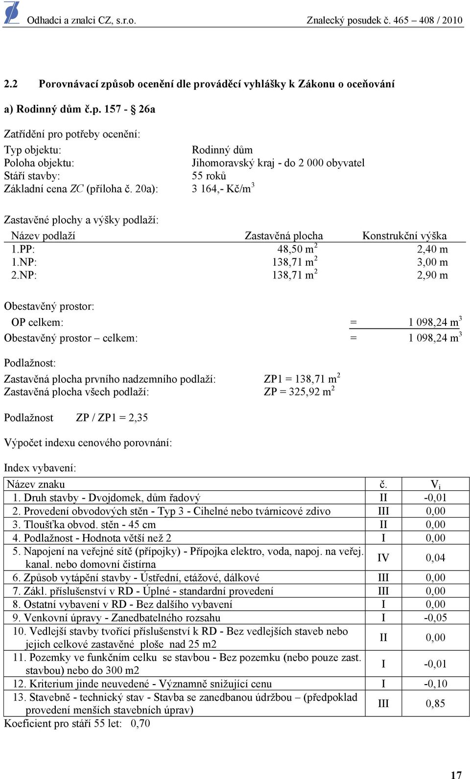 NP: 138,71 m 2 2,90 m Obestavěný prostor: OP celkem: = 1 098,24 m 3 Obestavěný prostor celkem: = 1 098,24 m 3 Podlažnost: Zastavěná plocha prvního nadzemního podlaží: ZP1 = 138,71 m 2 Zastavěná