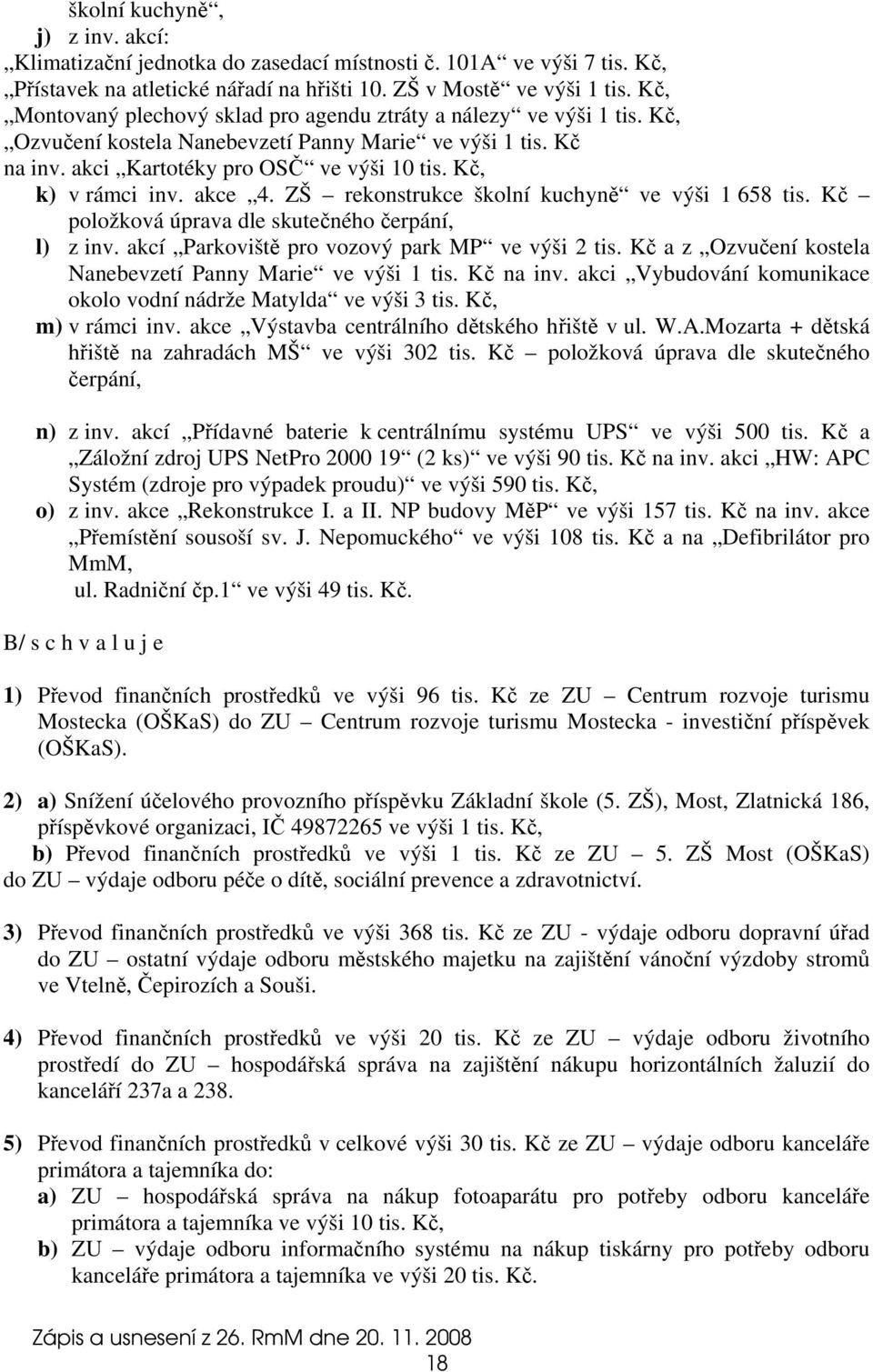 akce 4. ZŠ rekonstrukce školní kuchyně ve výši 1 658 tis. Kč položková úprava dle skutečného čerpání, l) z inv. akcí Parkoviště pro vozový park MP ve výši 2 tis.