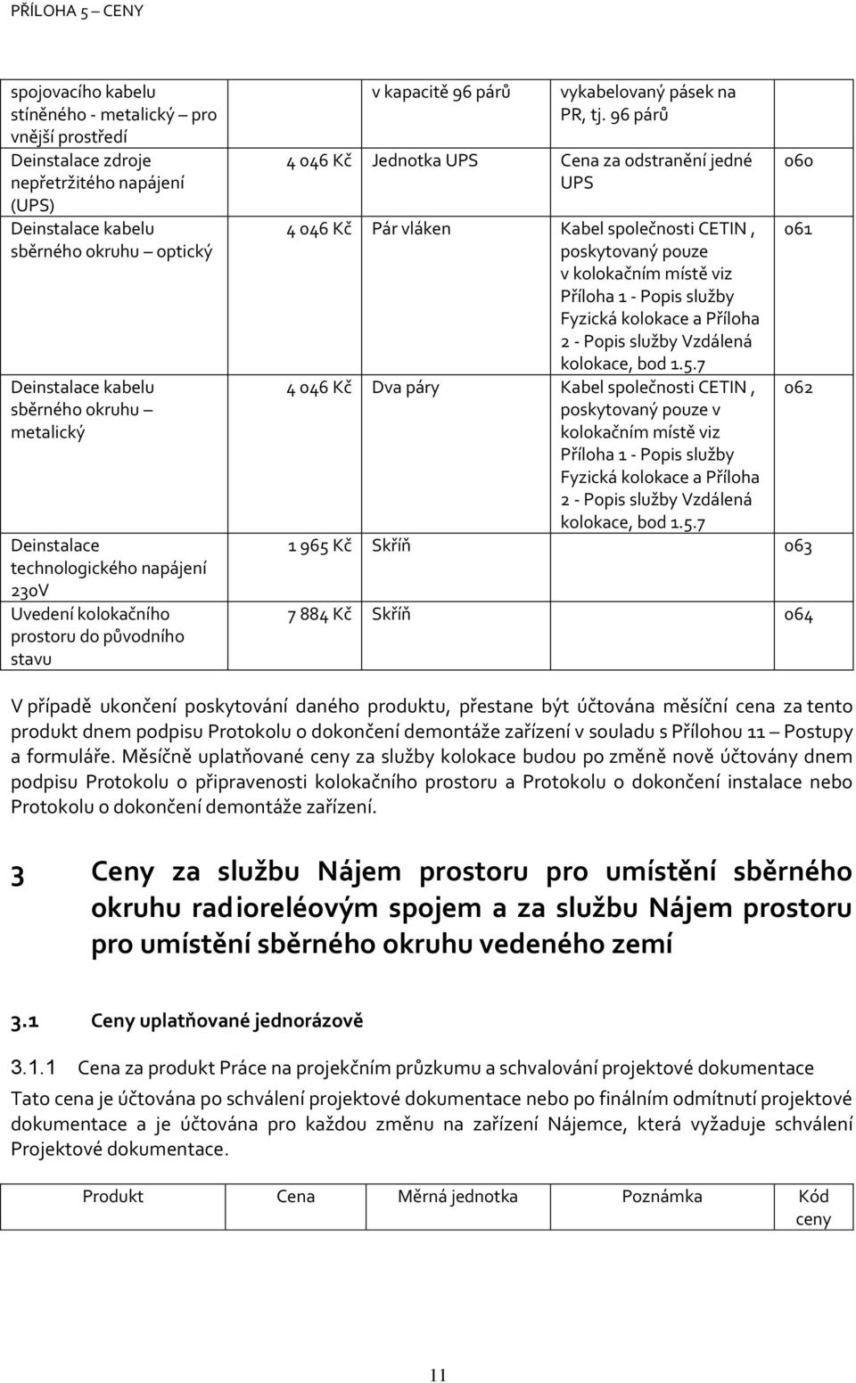 Kč Dva páry Kabel společnosti CETIN, 062 v kolokačním místě viz 1 965 Kč Skříň 063 7 884 Kč Skříň 064 V případě ukončení poskytování daného produktu, přestane být účtována měsíční cena za tento