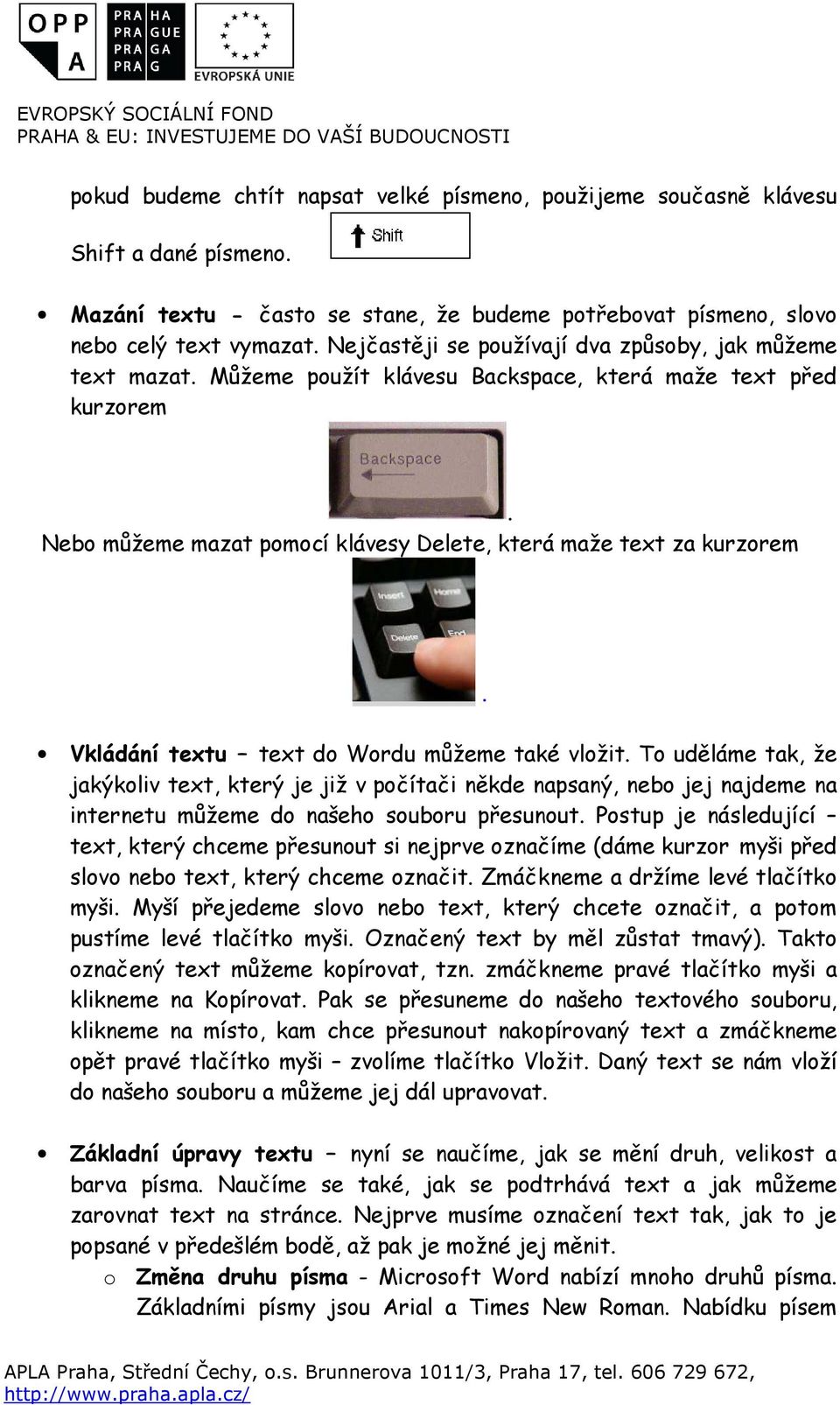 Nebo můžeme mazat pomocí klávesy Delete, která maže text za kurzorem Vkládání textu text do Wordu můžeme také vložit.