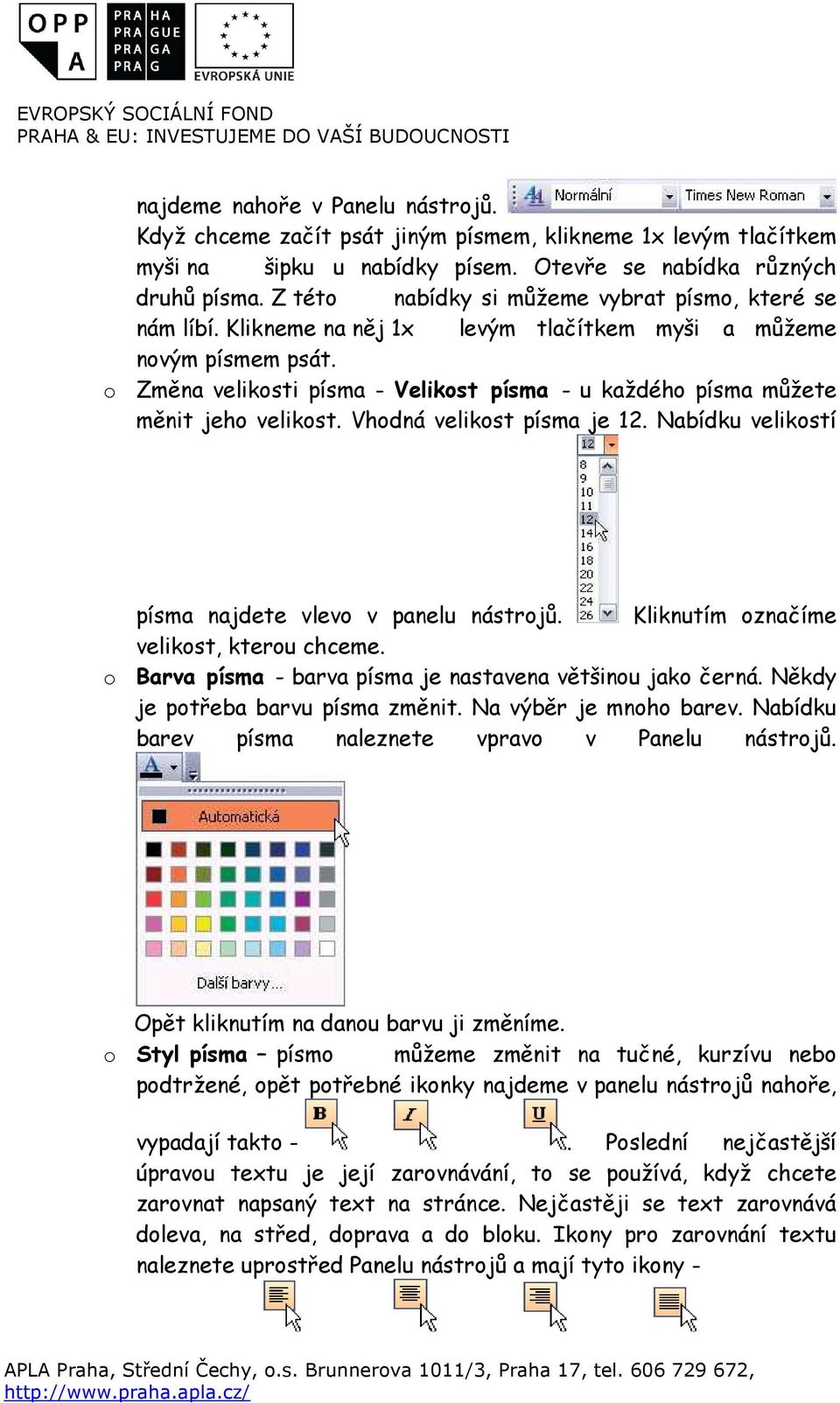 o Změna velikosti písma - Velikost písma - u každého písma můžete měnit jeho velikost. Vhodná velikost písma je 12. Nabídku velikostí písma najdete vlevo v panelu nástrojů.