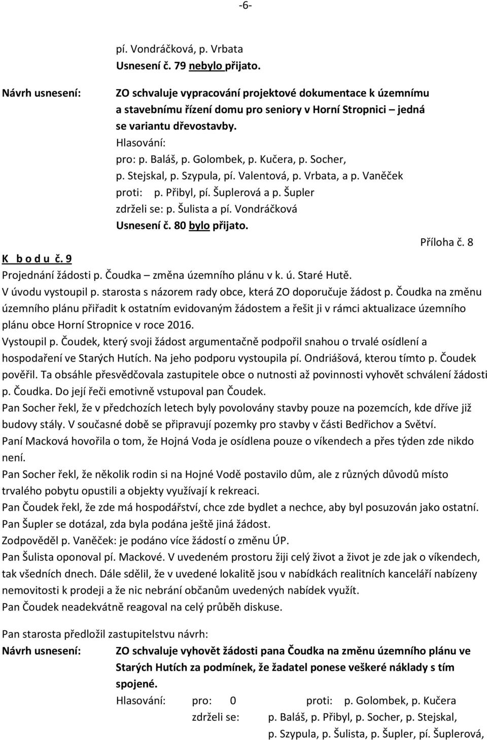 Golombek, p. Kučera, p. Socher, p. Stejskal, p. Szypula, pí. Valentová, p. Vrbata, a p. Vaněček proti: p. Přibyl, pí. Šuplerová a p. Šupler zdrželi se: p. Šulista a pí. Vondráčková Usnesení č.