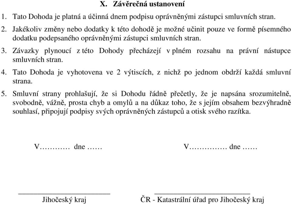 Závazky plynoucí z této Dohody přecházejí v plném rozsahu na právní nástupce smluvních stran. 4. Tato Dohoda je vyhotovena ve 2 výtiscích, z nichž po jednom obdrží každá smluvní strana. 5.