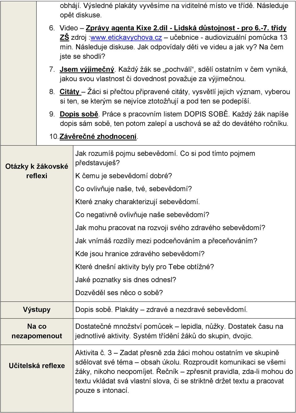 Každý žák se pochválí, sdělí ostatním v čem vyniká, jakou svou vlastnost či dovednost považuje za výjimečnou. 8.