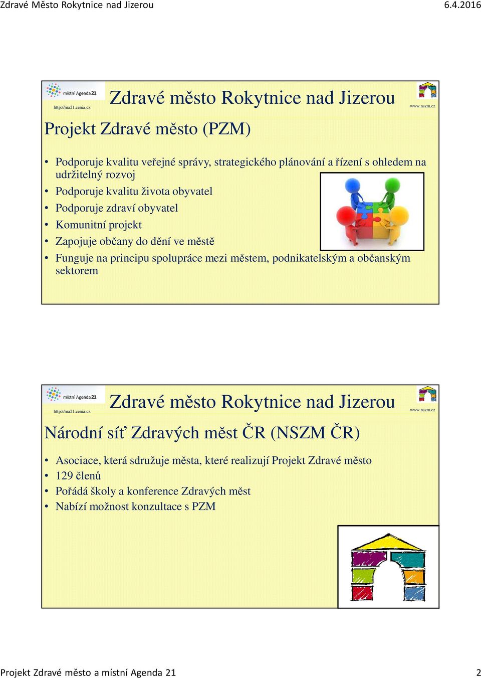 městem, podnikatelským a občanským sektorem Národní síť Zdravých měst ČR (NSZM ČR) Asociace, která sdružuje města, které realizují