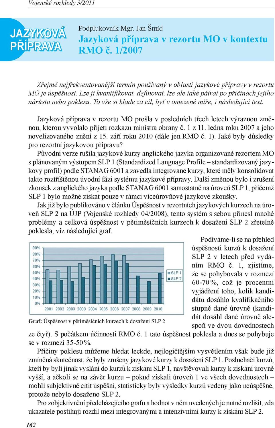 Graf: Úspěšnost v pětiměsíčních kurzech k dosažení SLP 2 162 Jazyková příprava v rezortu MO prošla v posledních třech letech výraznou změnou, kterou vyvolalo přijetí rozkazu ministra obrany č. 1 z 11.
